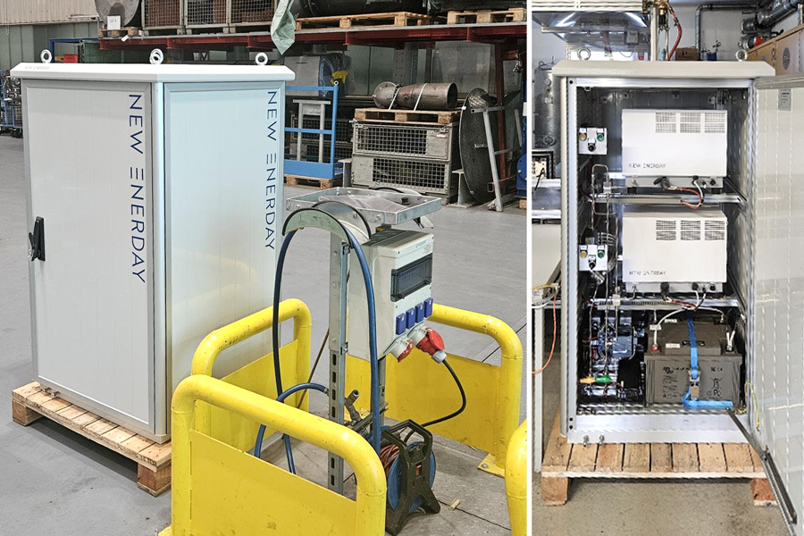 new enerday Dual-Fuel-Brennstoffzellengenerator in Lagerhalle fertig zur Auslieferung, Ansicht von außen und innen